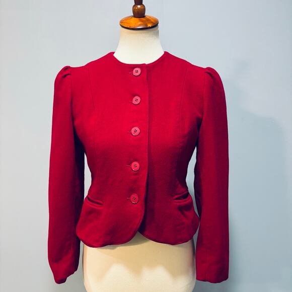 Vintage Christmas Red 60s Pure Wool Cropped Blazer Jacker, Size Small - Picture 3 of 9